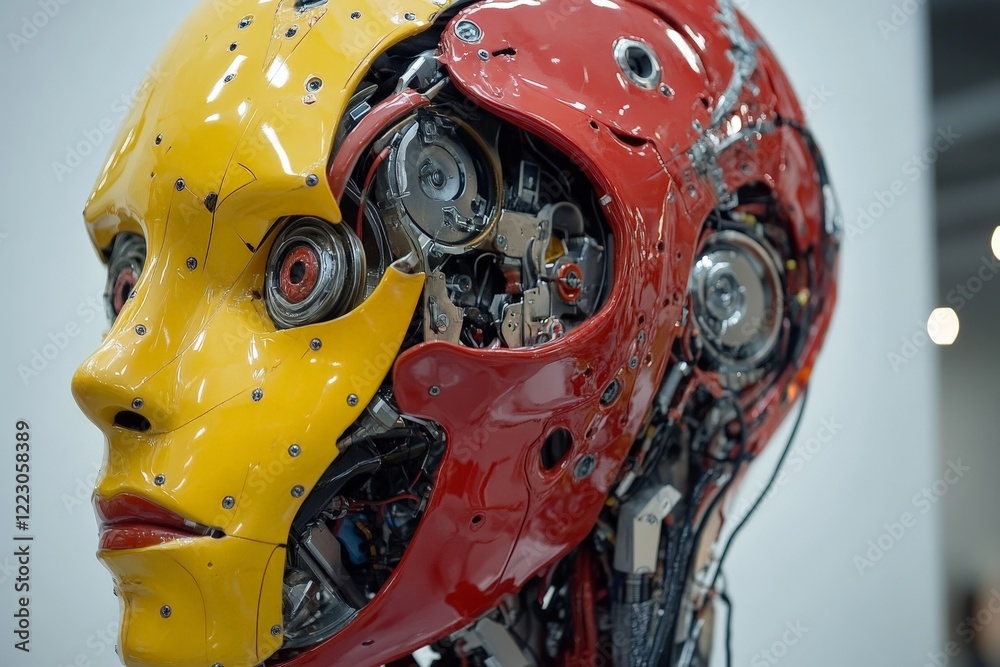Aufkleber robot head sculpture displays intricate mechanical components and striking colors in modern art inst