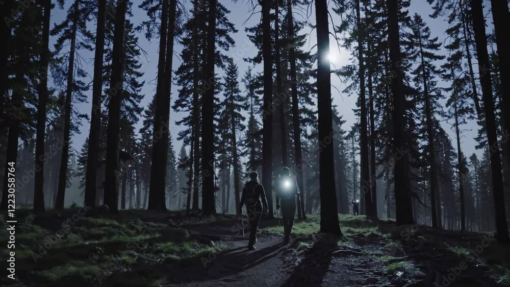 Poster exploring a dense forest at night with flashlights under the moonlight