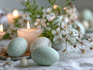 Obraz premium Rustic Easter table with pastel-colored eggs and flowers