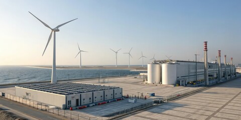 Large scale seawater desalination facility with wind turbines, green infrastructure projects, seawater desalination, large scale desalination