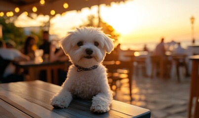 Adorable fluffy white dog sitting on table at outdoor restaurant during sunset, looking curious and friendly, perfect for lifestyle and pet-related themes, Generative AI