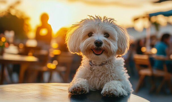 Adorable fluffy white dog sitting on table at outdoor restaurant during sunset, looking curious and friendly, perfect for lifestyle and pet-related themes, Generative AI - Powered by Adobe