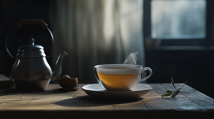 Hot tea and steam rising in a cozy kitchen with natural light in the morning