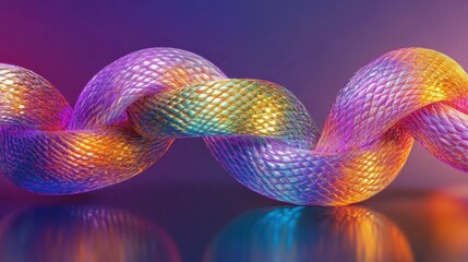Close-up of colorful braided rope made of shimmering, textured strands of light.