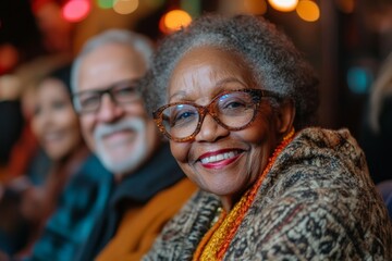 Adults enjoying a warm evening gathering while smiling and sharing joyful moments in a vibrant atmosphere