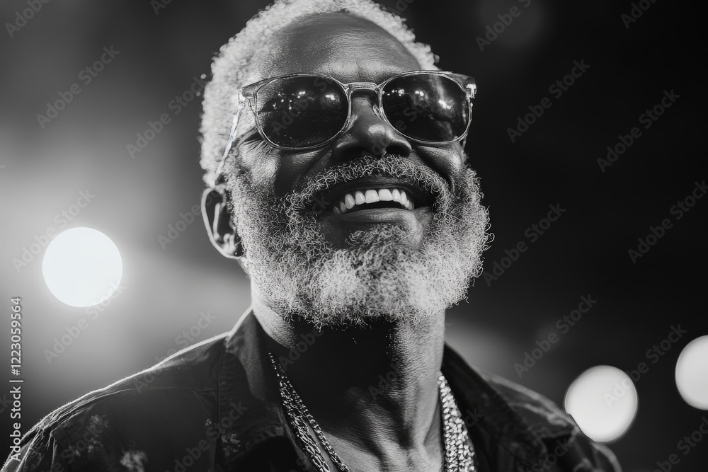 Aufkleber musician performs on stage, capturing the energy of the audience with a joyful smile during a live c