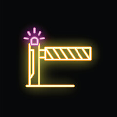 Neon barrier gate glowing on a black background, concept of restricted area, private property, and security