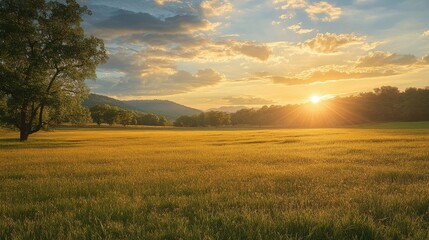 Beautiful sunset over lush green field with trees and rolling hills