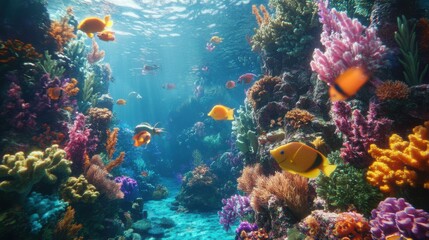 Naklejka premium Colorful marine life in vibrant coral reef underwater scene