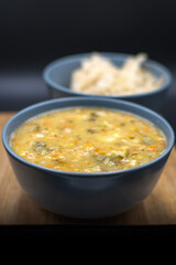 Pea soup, vegetable soup with peas, bacon, and sauerkraut.
