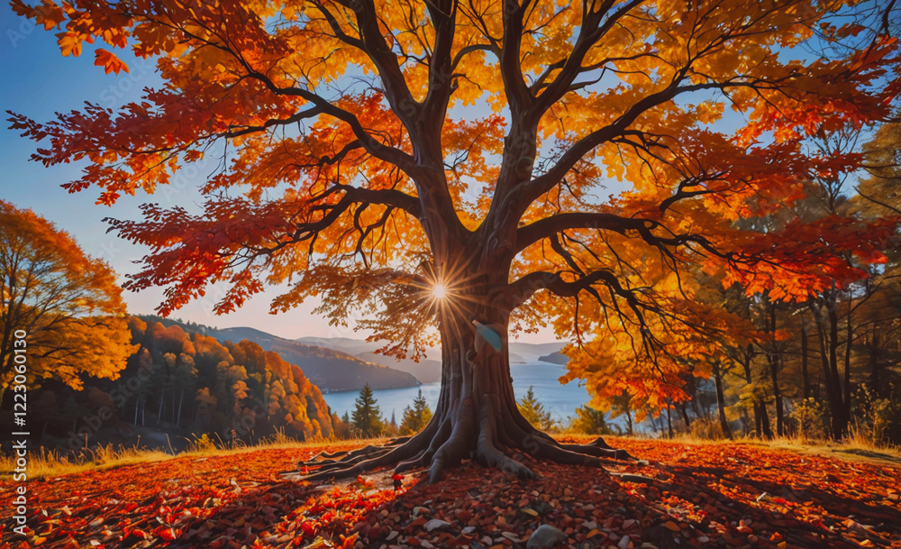 Aufkleber large tree with a lot of leaves on the ground. the leaves are orange and the tree is in a field