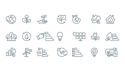 Eco friendly Green energy icons. Graphic flat signs with editable stroke line, isolated on white.