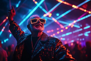 Elderly man dancing joyfully at vibrant nightclub with colorful lights and lively atmosphere