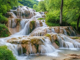Fototapeta premium Majestic cascading waterfall flows over moss covered rocks in the green forest