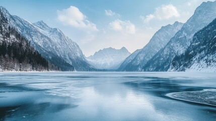 Tranquil winter landscape with snow-covered mountains and icy lake