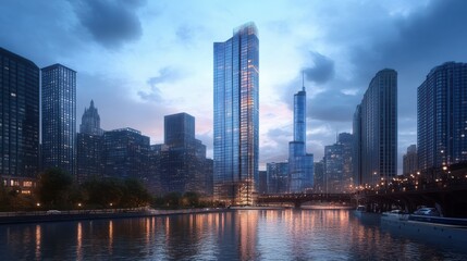 Naklejka premium Stunning evening cityscape with skyscrapers and reflections on river