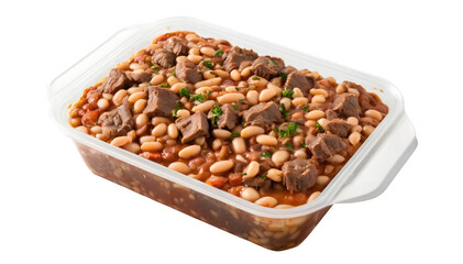 Beef casserole with white beans, perfect for takeout or freezing. Packaged against a white backdrop.  