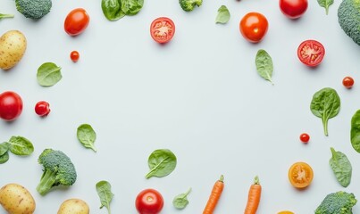 Vibrant Assortment of Fresh Organic Vegetables on White Background - Healthy Eating Concept with Colorful Tomatoes, Potatoes, Carrots, Broccoli, Lettuce, and Spinach, Generative AI