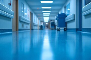 Obraz premium Long view of a hospital corridor filled with equipment and light during a calm day time