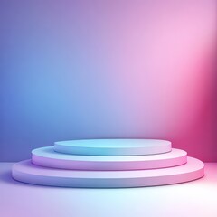 Abstract Pastel Pink and Blue Neon Gradient Background with Three-Tiered Circular Pedestal Display.