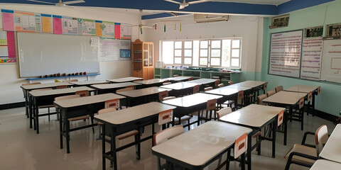 An empty classroom, with desks and chairs neatly arranged, ready for students.