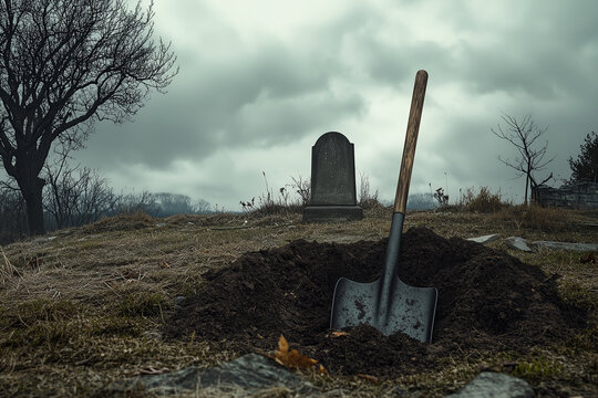 Graveyard scene, somber mood, shovel beside grave mound, tombstone and cloudy sky, mourning concept