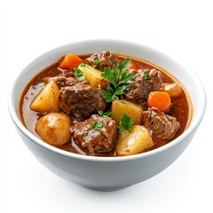 A bowl of hearty beef stew with potatoes and carrots, isolated white background, minimalist art style