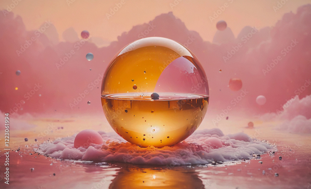 Aufkleber glass ball with a pink background and a pink cloud in the background. the ball is surrounded by many