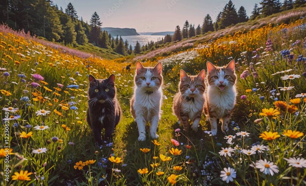 Poster four cats are standing in a field of flowers. the cats are of different colors and sizes, and they s