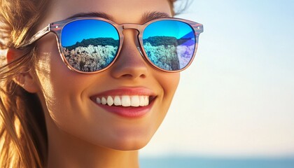 Fototapeta premium Radiant Smile of a Woman with Sunglasses Embracing Nature’s Beauty in Double Exposure Landscape