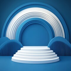 Obraz premium Abstract Blue and White Geometric Stage Background with Circular Layers and Steps