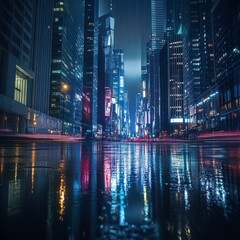 Naklejka premium Rainy Night Cityscape Neon Lights Reflecting on Wet Streets