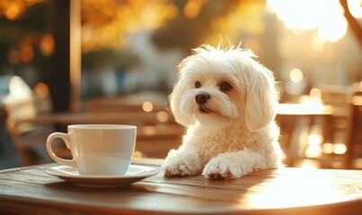 Adorable Fluffy White Dog Enjoying Sunlight at Outdoor Restaurant Table with Coffee Mug, Happy Pet Relaxing in Bright Scenic Cafe Setting, Generative AI