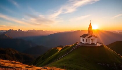 Obraz premium Mountaintop Chapel Sunset Scenic View