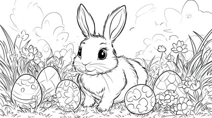 Charming bunny surrounded by colorful decorated eggs in lush gar