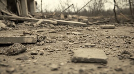 Close-up view of rubble and debris on the ground after a disaster, showing destruction and devastation.