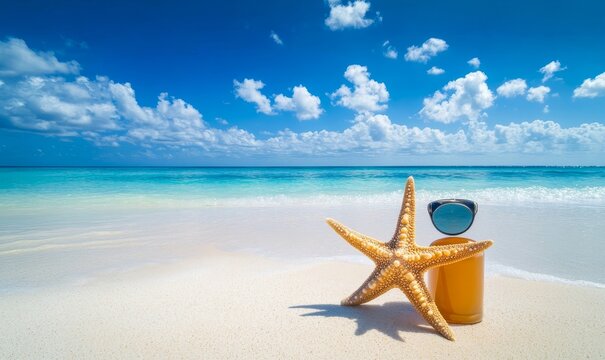 Sunscreen Lotion Bottle and Sunglasses on Sandy Beach with Starfish Under Sunny Blue Sky - Summer Vacation and Sun Protection Concept, Generative AI - Powered by Adobe