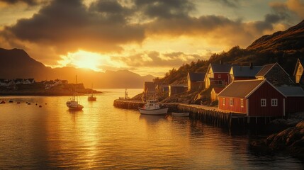 Fototapeta premium Scenic sunset over norwegian fjord with boats and red houses