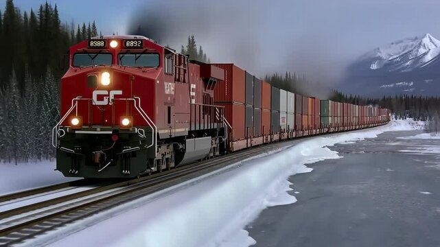 A freight train transports containers along tracks amidst a winter wonderland with snow-covered mountains and a frozen lake