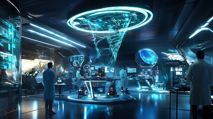 Scientists Working in a Futuristic Laboratory with Global Data Visualization