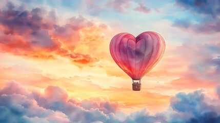 Fototapeta premium A dreamy watercolor scene of a heart-shaped hot air balloon floating over a pastel sunset sky, with soft clouds surrounding it and ample copy space in the sky