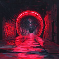 A dark underground tunnel with red neon lights reflecting off wet concrete, creating an eerie and...