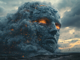 Surreal AI cloud with robotic face releasing glowing sparks against a dramatic sky symbolizes overuse of resources and energy consumption