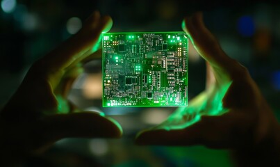 Person Presenting Futuristic Holographic Microchip Circuit Board in Hands - Future Technology Concept, Generative AI