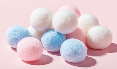 Soft Fluffy Cosmetic Cotton Balls in Baby Pink, Blue, and White Colors - Face Care Texture Backdrop for Skincare Theme, Generative AI