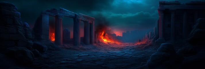 Ancient ruins at night with glowing lava and dramatic sky