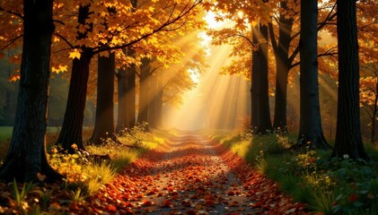 Fototapeta premium Sunlit forest path, golden leaves, autumnal light, beauty, landscape, foliage