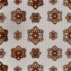 Ornamental Design, Traditional Pattern, Symmetry Artwork, Golden and Brown Tones, Abstract Motif, Vintage Inspired, Decorative Elements, Fabric Print Design, Luxury Background, Tile and Wallpaper