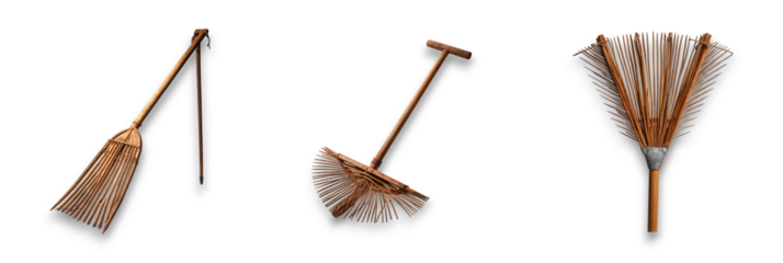 Various rakes isolated on a transparent background for garden use