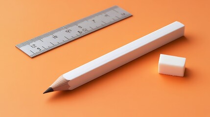 Pencil eraser and ruler on orange background